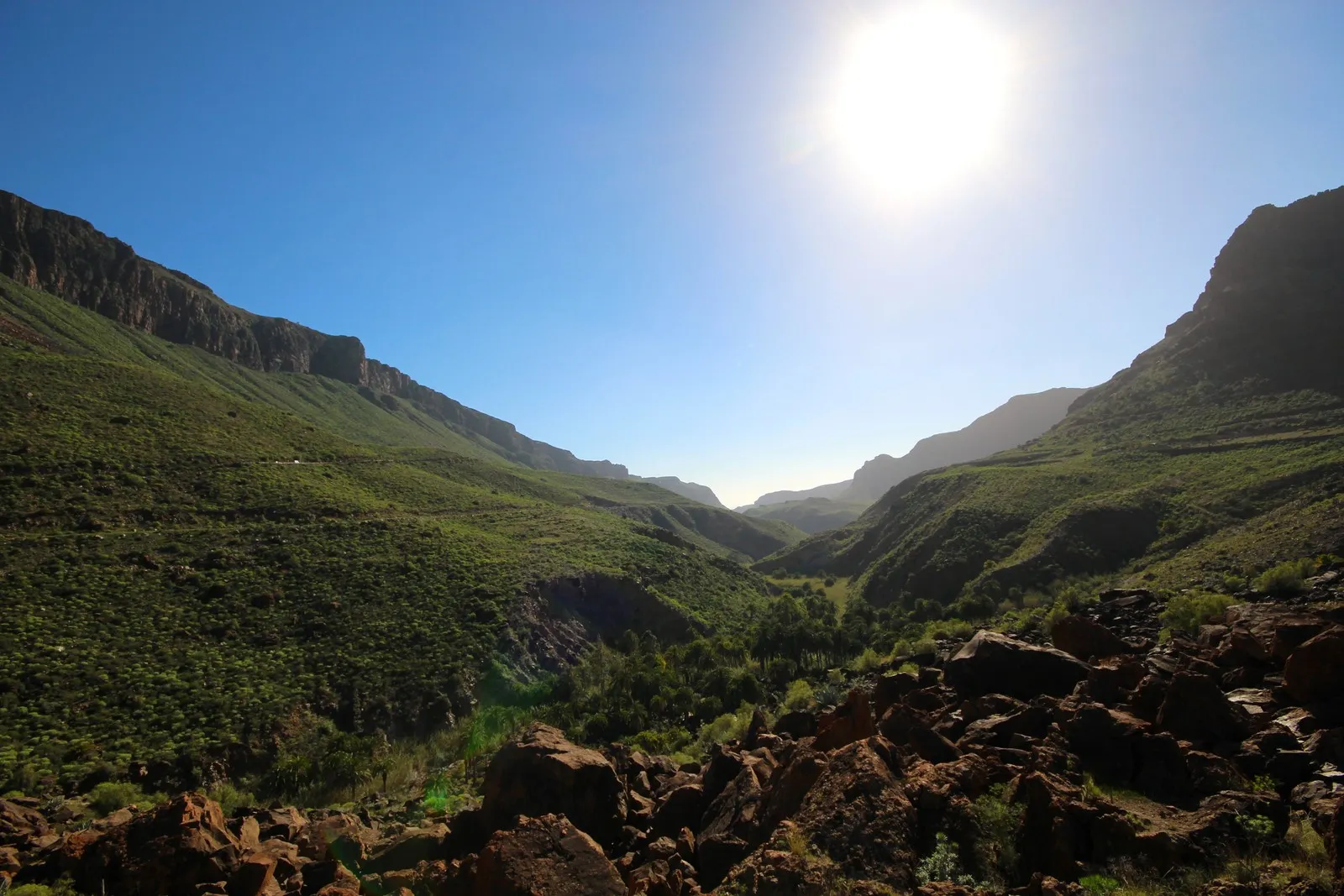 The Barranco de Fataga, a green valley floor between two steep walls of rock, with the sun standing over the far ridge