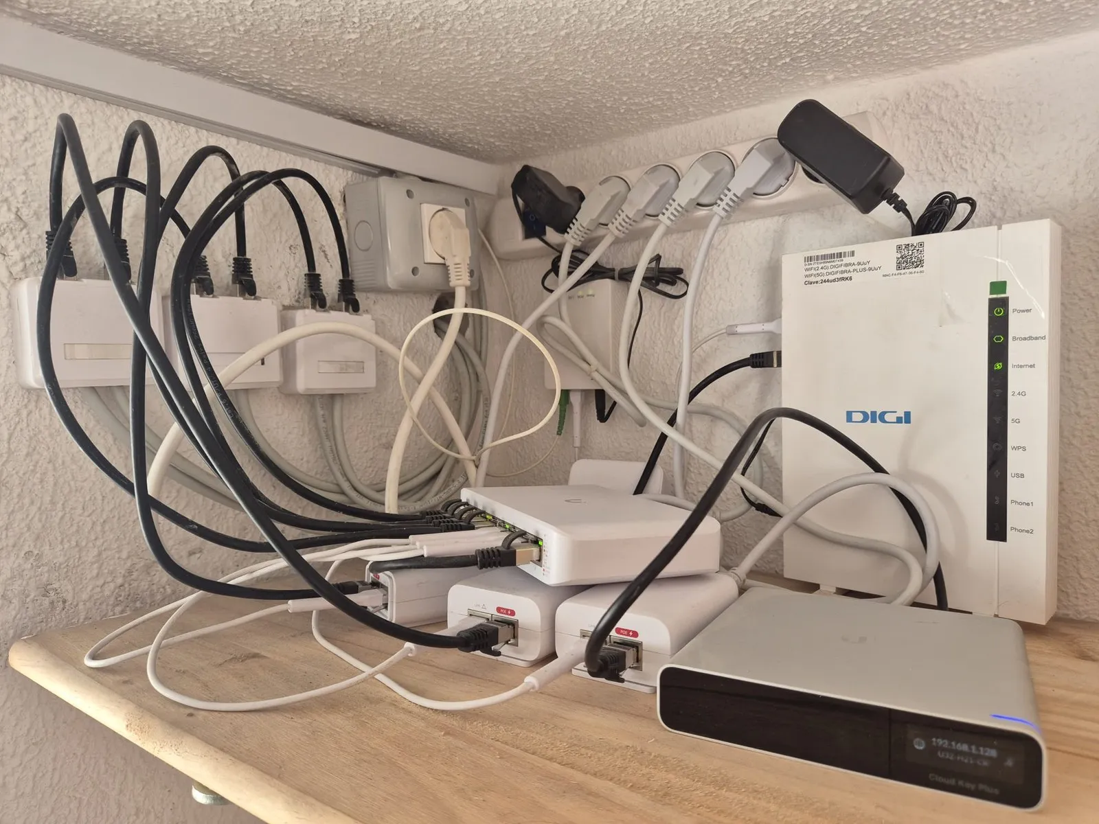 The internet hub at U32: the router, the access points and the switch that feed the six hotspots in the house